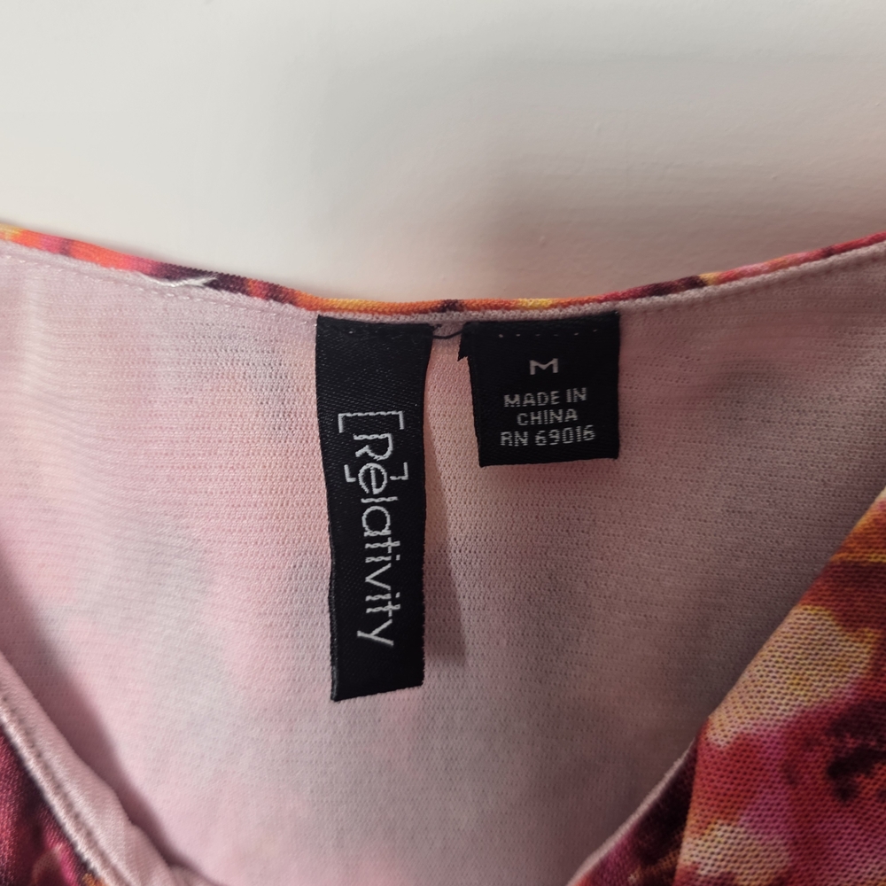 Relativity Pink Yellow Floral Tank Top Size M Ruffle Neck Cinched Waist - Picture 4 of 5